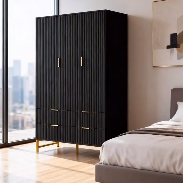 FURNITURE ONE Modern 3-Door Wardrobe Cabinet with 4 Integrated Drawers in Matt Black and Gold