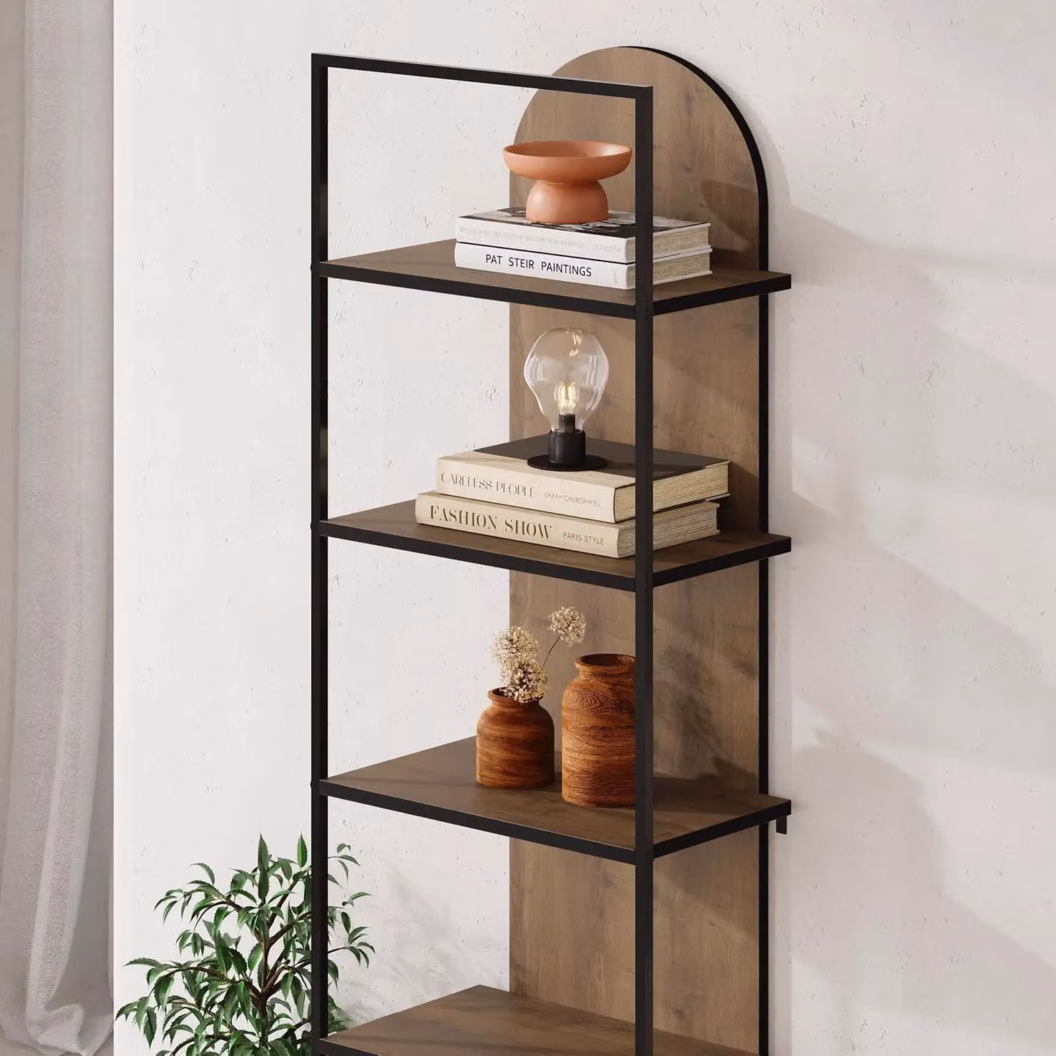 FWStyle Dark Oak Archy 5 Tier Modern Arched Bookcase with Black Metal Frame, Height: 180 cm, Width: 53 cm, Depth: 31.7 cm – 2