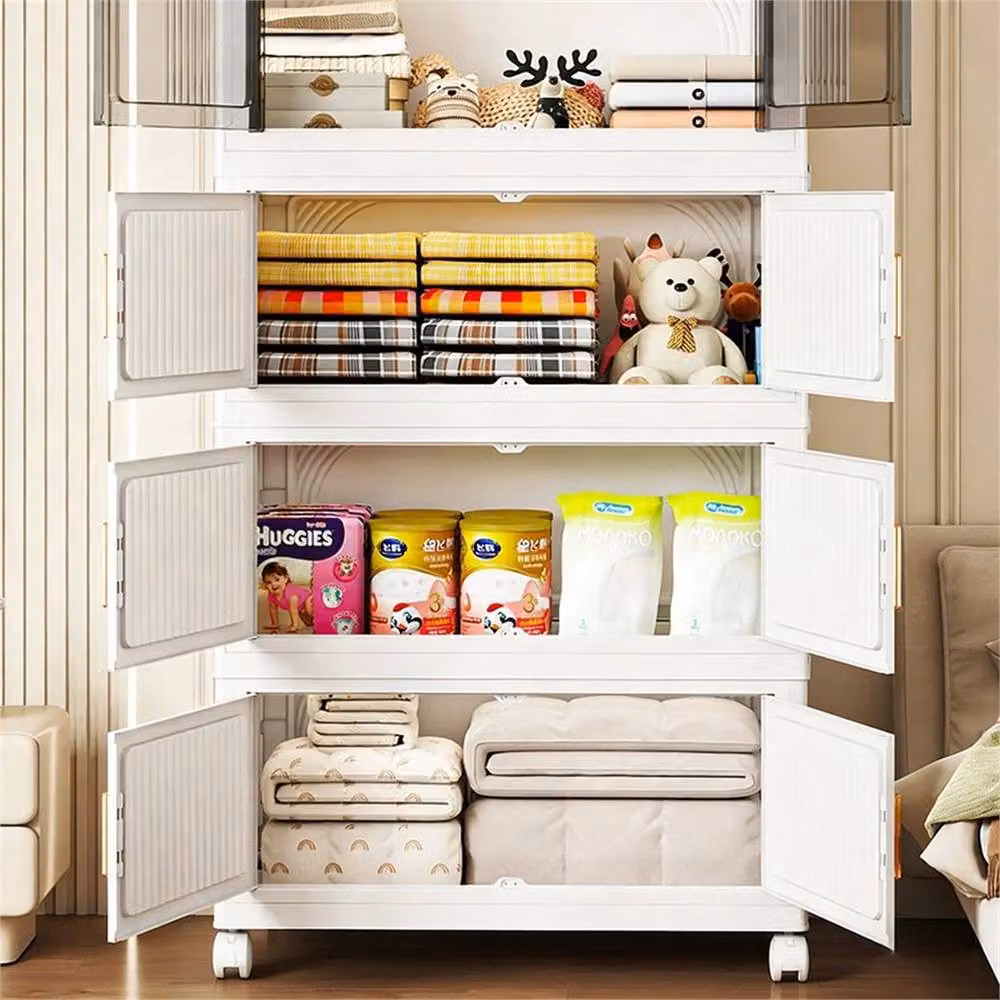 Nordara 4 Tier Folding Storage Boxes White Plastic Slim Closet and Kitchen Organiser with Wheels and Lids – 3