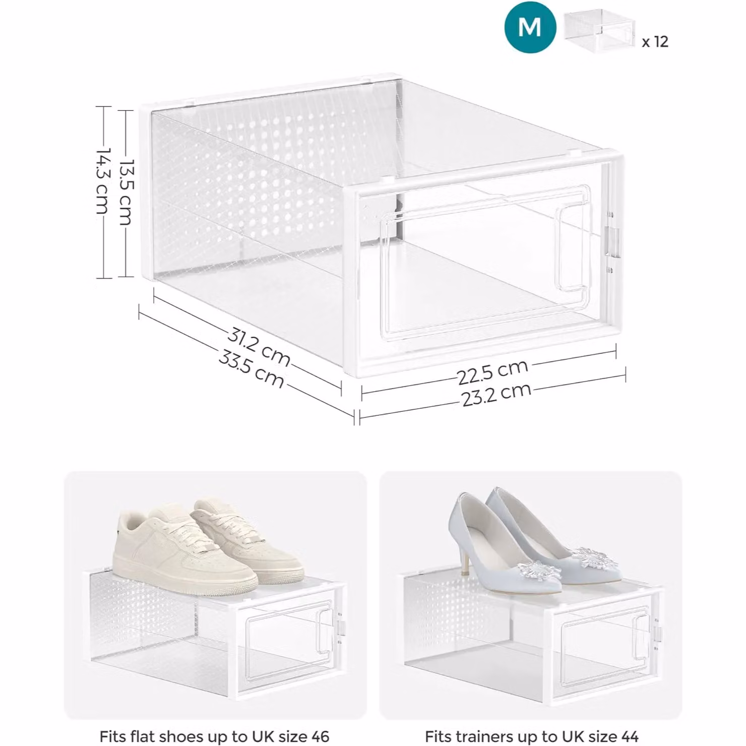SONGMICS Pack of 12 Stackable and Foldable Plastic Storage Organisers in White and Transparent – 2