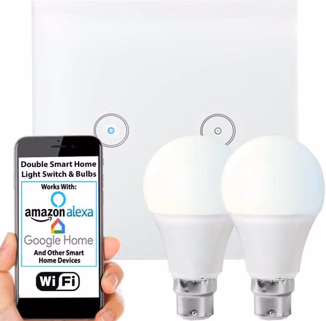 Loops Smart Home WiFi Light Switch and Bulb Kit with 2x 10W LED B22 Cool White Lamps, Double Wireless Glass Touch Wall Plate and Remote Control Timer, White Gloss