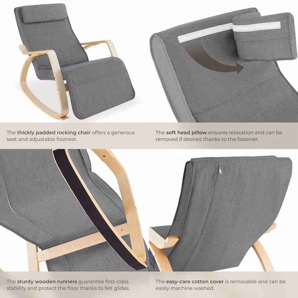 tectake Onda Rocking Chair in Light Grey with Armrests and Birch Wood Frame – 4