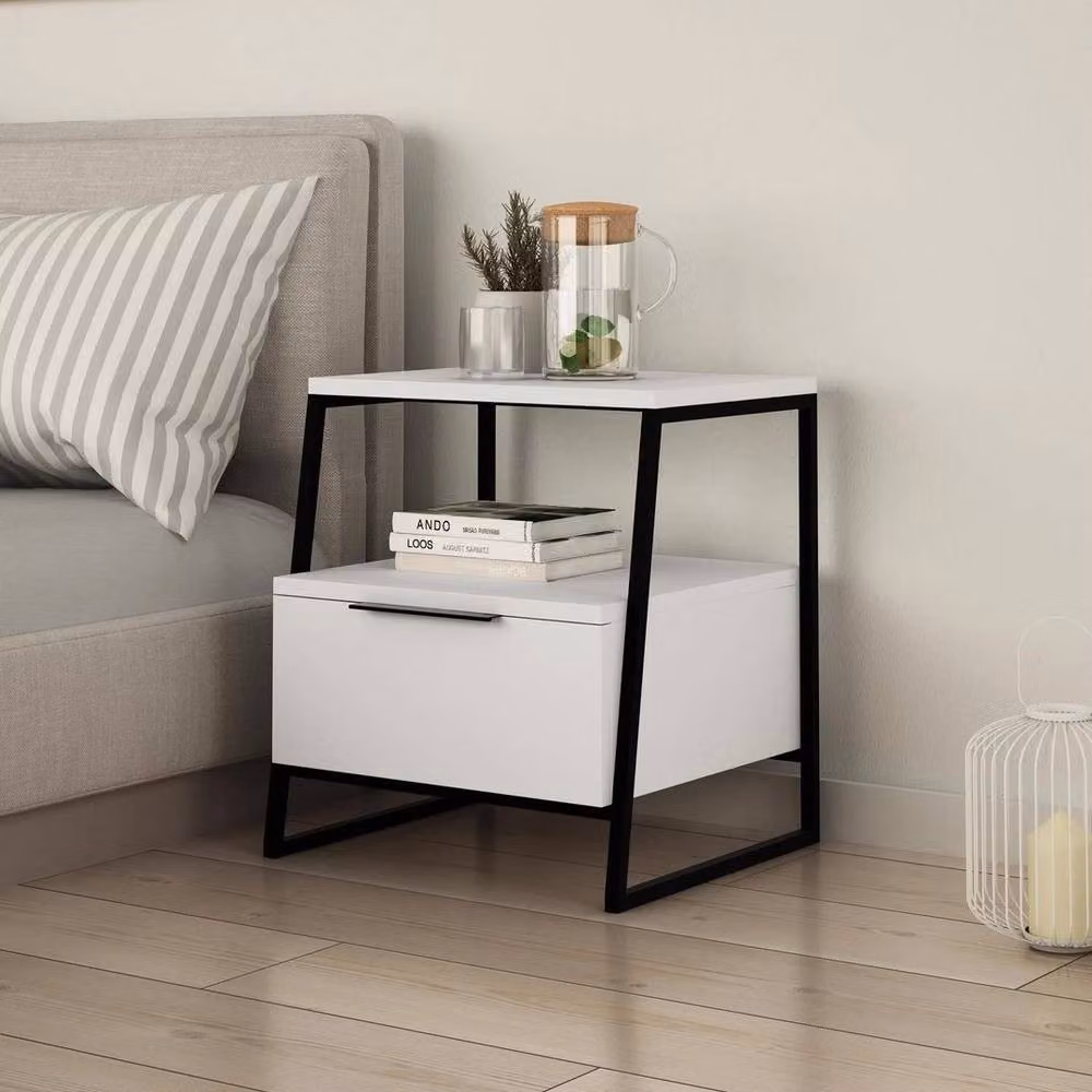 KORVIXA Modern 1 Drawer Bedside Table with Metal Frame in Matt White – 2