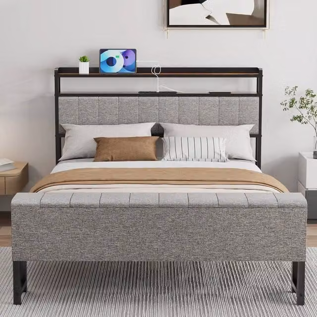 FORGEVIO Grey Fabric Upholstered Bed Frame Set with Bedside Shelves and Side Compartments, W/D/H: 140 x 200 cm – 1