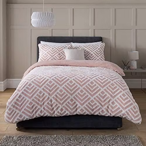 Sleepdown Geo Jacquard Fleece Duvet Cover and Pillowcase Set in Blush Pink and White, Single, W: 135 cm, L: 200 cm