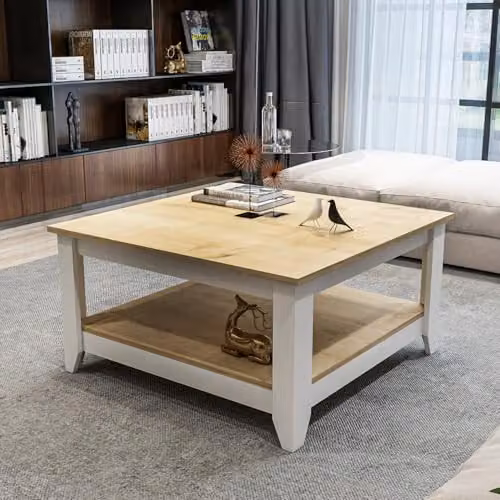 DECOROTIKA Lea Modern Square Coffee Table with Open Storage Shelf in Oak and White, W/D/H: 90 x 90 x 46 cm – 3
