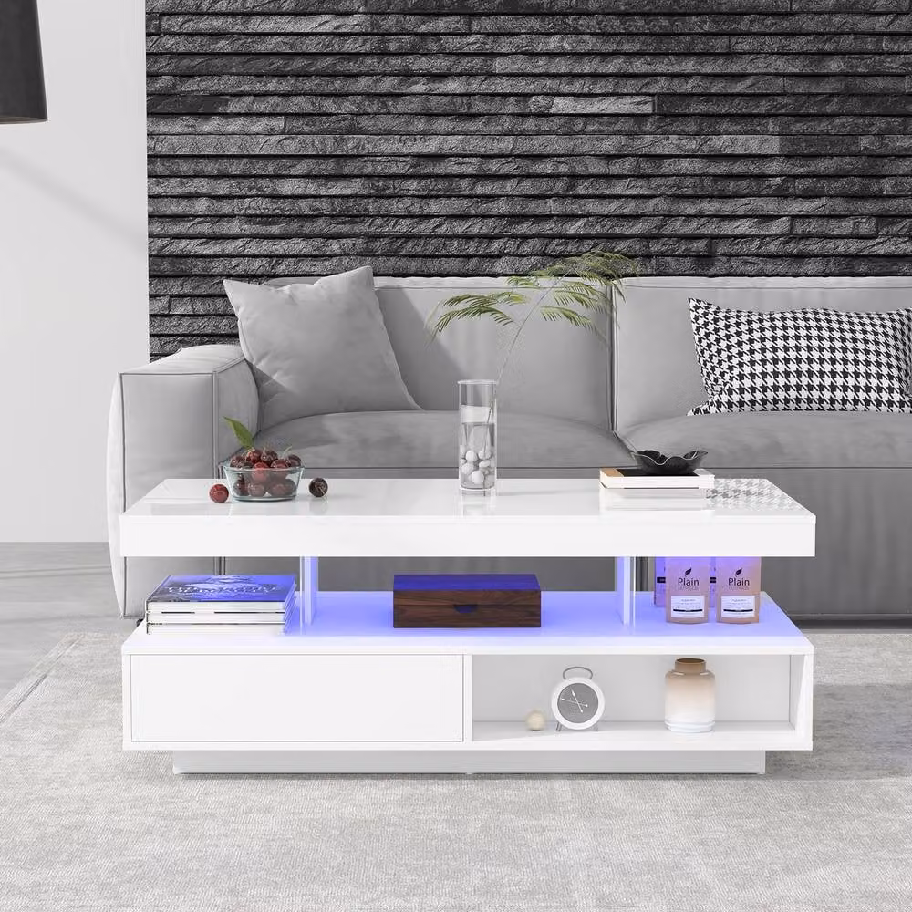 BTM High Gloss LED Coffee Table with 2 Drawers in White – 5