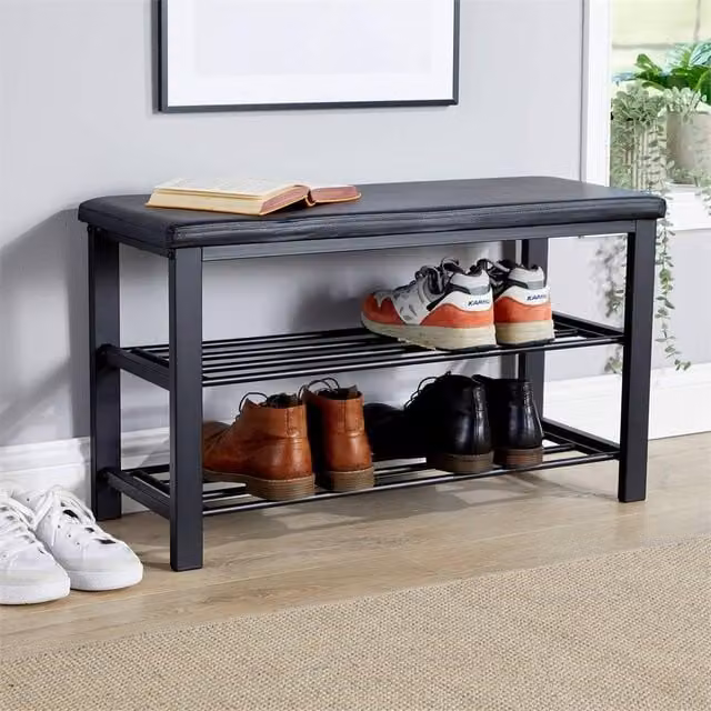 SPETLEK Metal Shoe Bench with Storage Shelves in Black and Grey with PU Leather Seat – 1