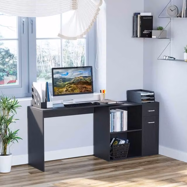 HOMCOM Modern Black Corner Workstation Desk for Home Office
