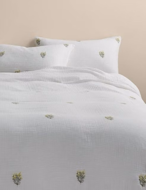 M&S Pure Cotton Muslin Floral Sprig Duvet Cover Set, Yellow and White, W: 180 cm, H: 200 cm