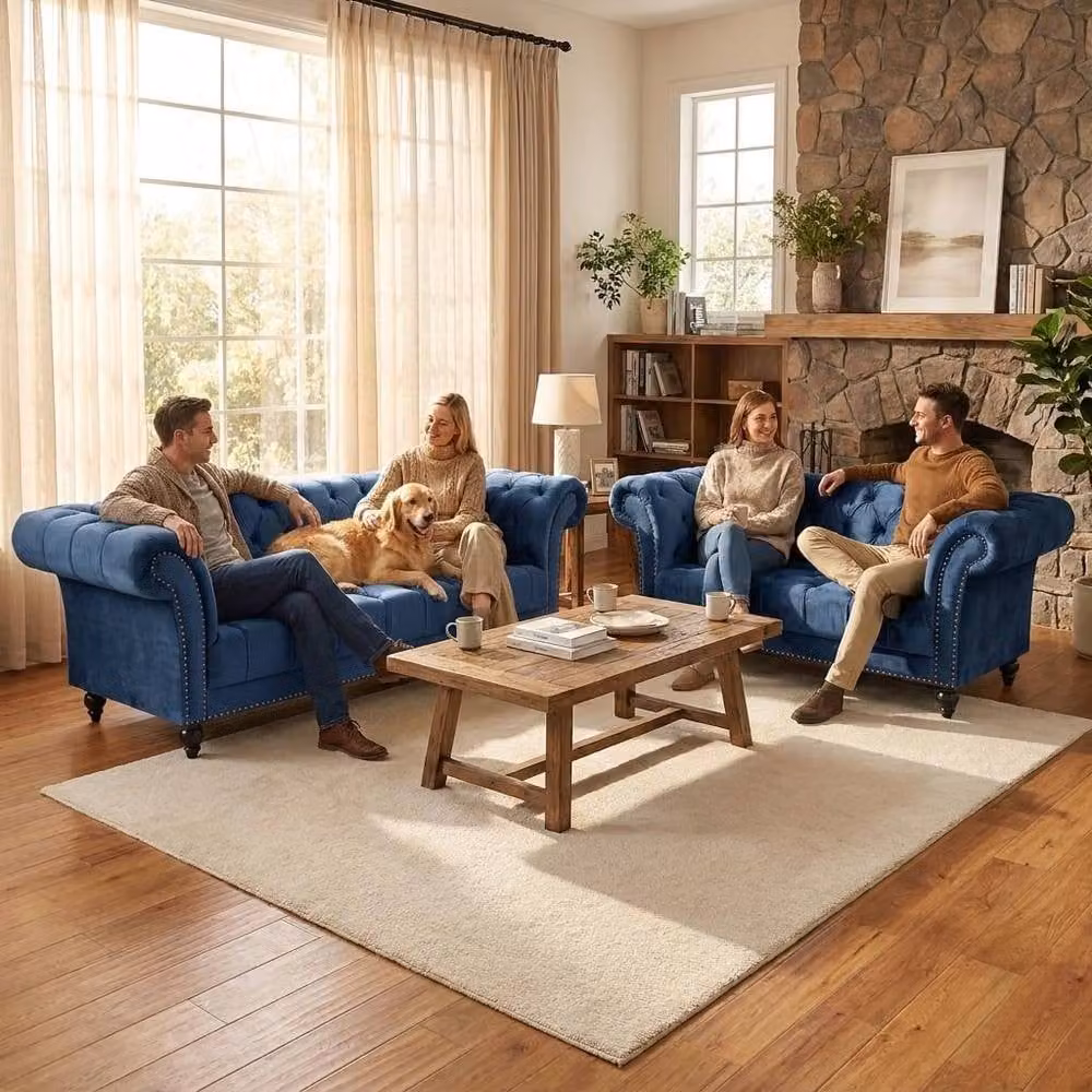 Bravich LTD Blue Velvet Chesterfield Rolled Arm Sofa with Buttoned Back, 3 Pack – 2