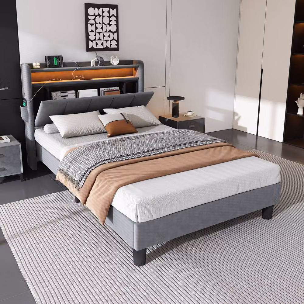 ModernLuxe Upholstered Kids Single Bed in Grey with LED Lighting, USB Charging Port and Storage Headboard, W/D/H: 90 x 190 x 107 cm – 3