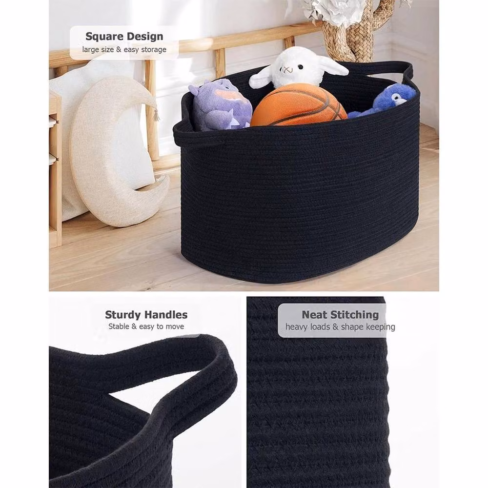 VOGREX Black Cotton Rope Storage Basket for Toys and Blankets, W/D/H: 30 x 30 x 55 cm – 4