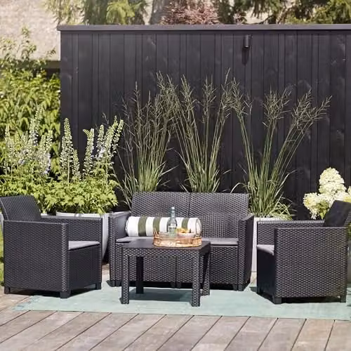 Keter Marie 4 Seater Grey Rattan Garden Lounge Set with Cushions, 2-Seater Sofa, 2 Armchairs and Coffee Table – 2
