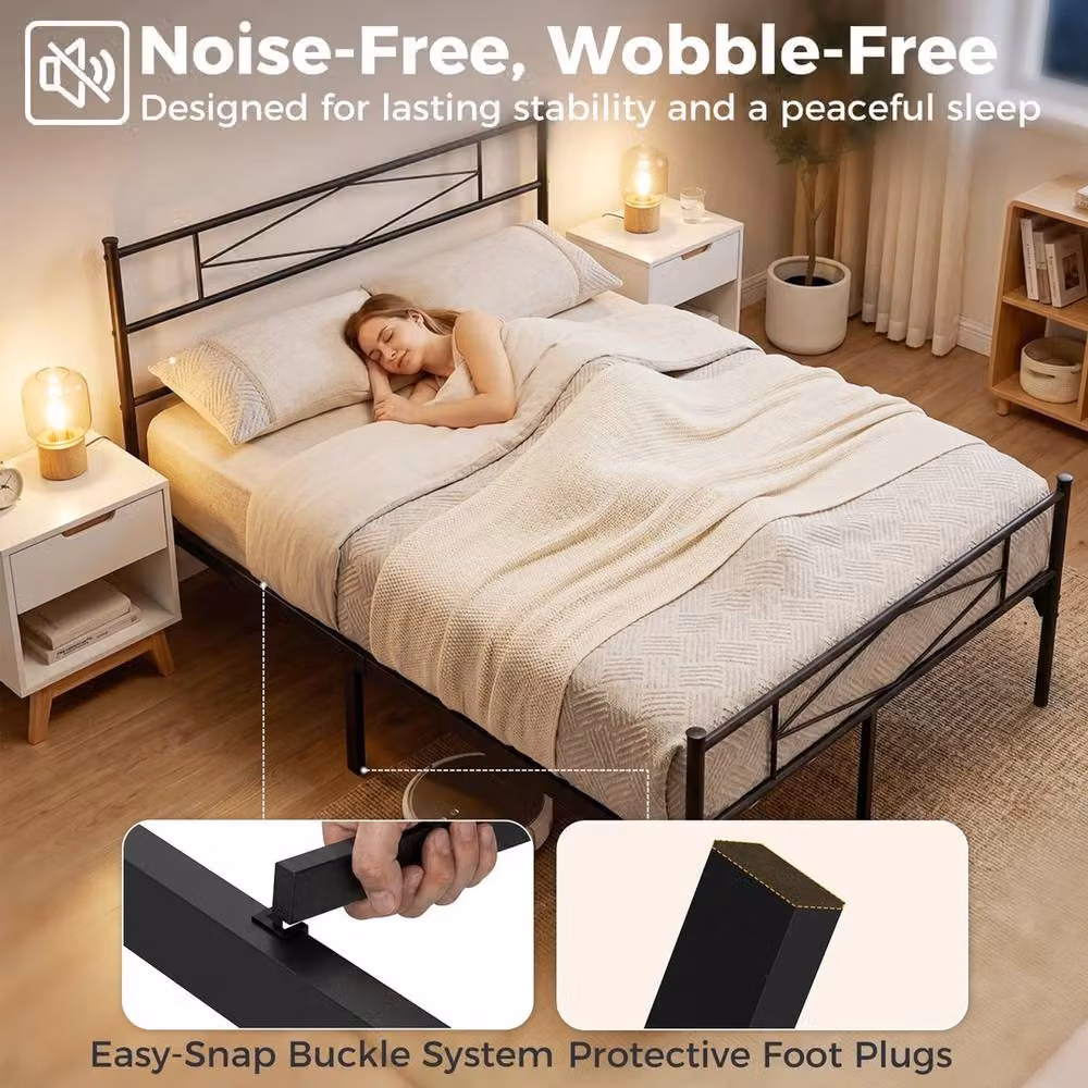 VOGREX Black Metal Double Bed Frame, W/D/H: 140 x 200 cm – 3