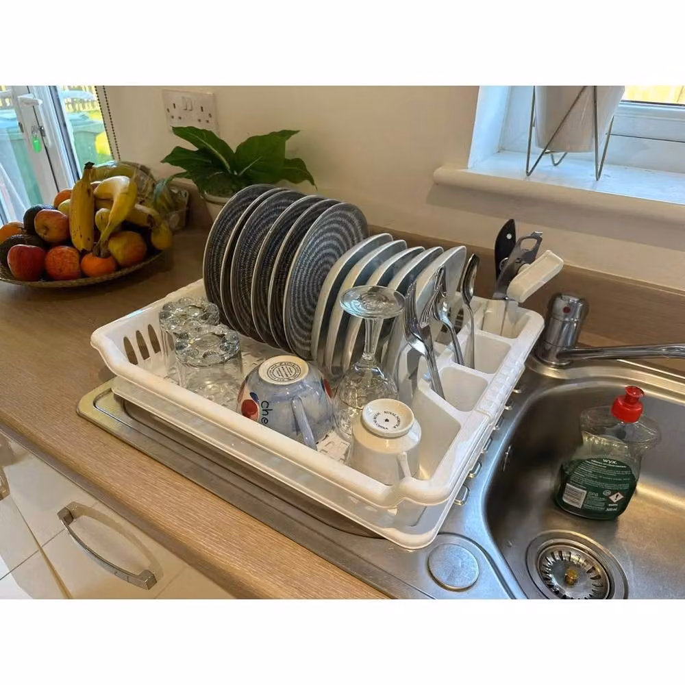 PAWNORA White Kitchen Dish Drainer Plate Drying Rack with Cutlery Holder and Drip Tray – 3