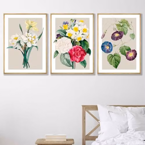 ARTZE Set of 3 Vintage Spring Daffodil Floral Wall Art Paper Posters, Multicolour, W: 29.7 cm x H: 42 cm