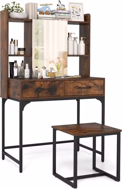 COSTWAY Modern Brown Wood Vanity Desk with Stool