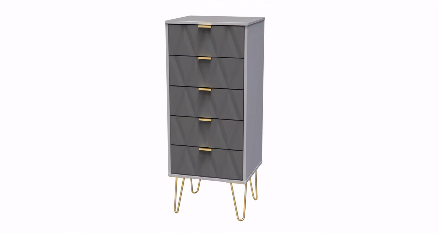 Ready Assembled 2 U Dallas 5 Drawer Tall Bedside Cabinet in Mid Grey and Gold – 2