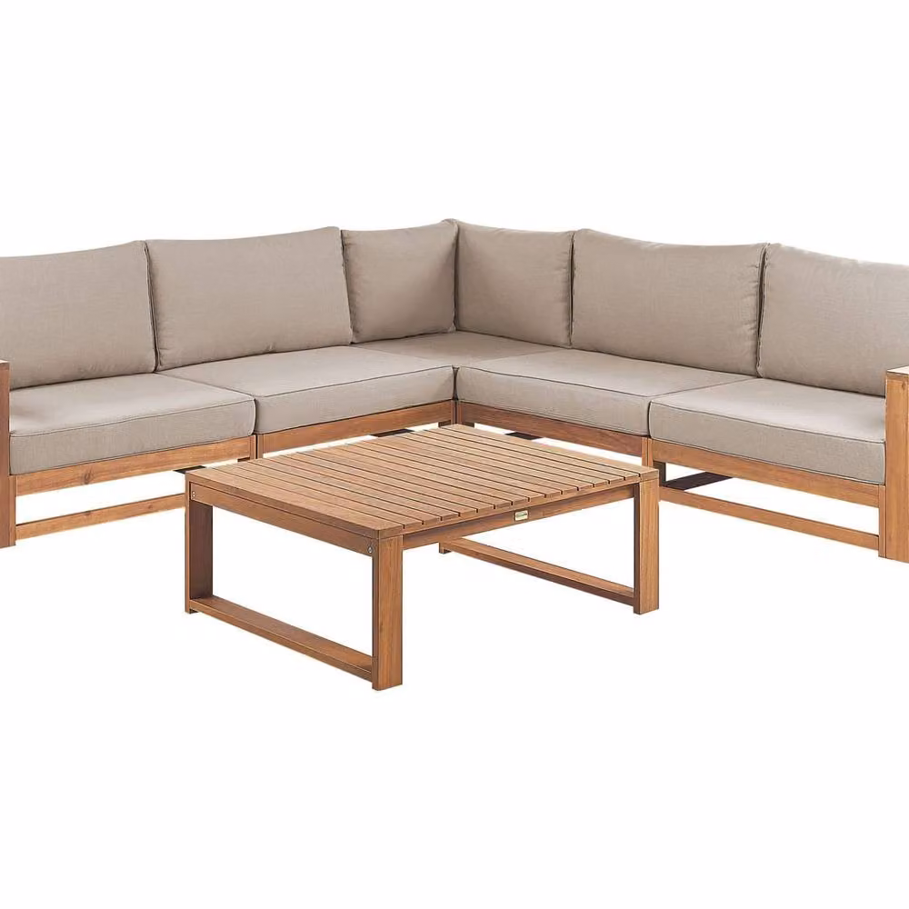 Wyld and Coco 5 Seater Modular L-Shape Corner Sofa Set and Coffee Table in Light Brown Acacia Wood – 2