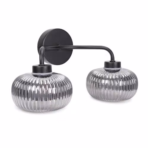 ValueLights Amaia Matte Black 2 Way Up and Down Wall Light with Smoked Grey Ribbed Glass Lampshades, IP44 Rated for Bathroom and Home Use – 3