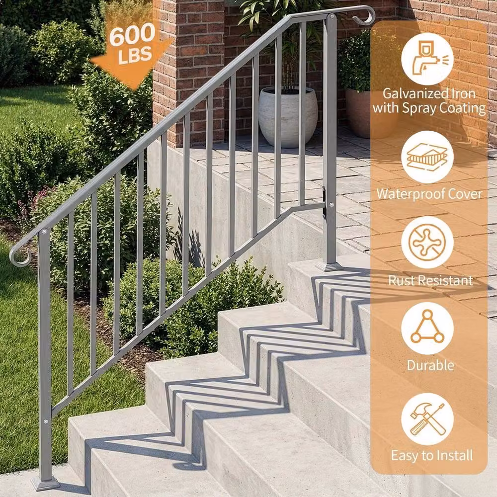 Kelvenix Grey Galvanised Steel Iron Handrail Kit for 4-5 Steps Stair Railing, W: 1000 cm, D: 52 cm – 2