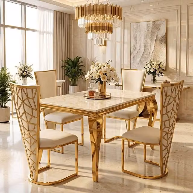 Home Luxe Interior Marble Dining Table and 4 Vienna Cream Gold Velvet Chairs Set, Width: 120 cm