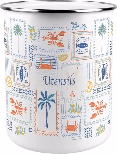 Purely Home Mediterranean Summer Ceramic Freestanding Kitchen Utensil Holder, Multicoloured and White
