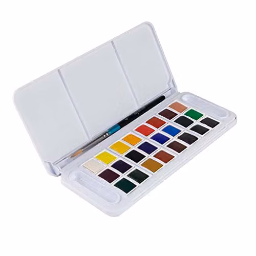 Daler-Rowney Aquafine Watercolour Travel Half Pan Paint Set with 24 Assorted Colours and Watercolour Brush