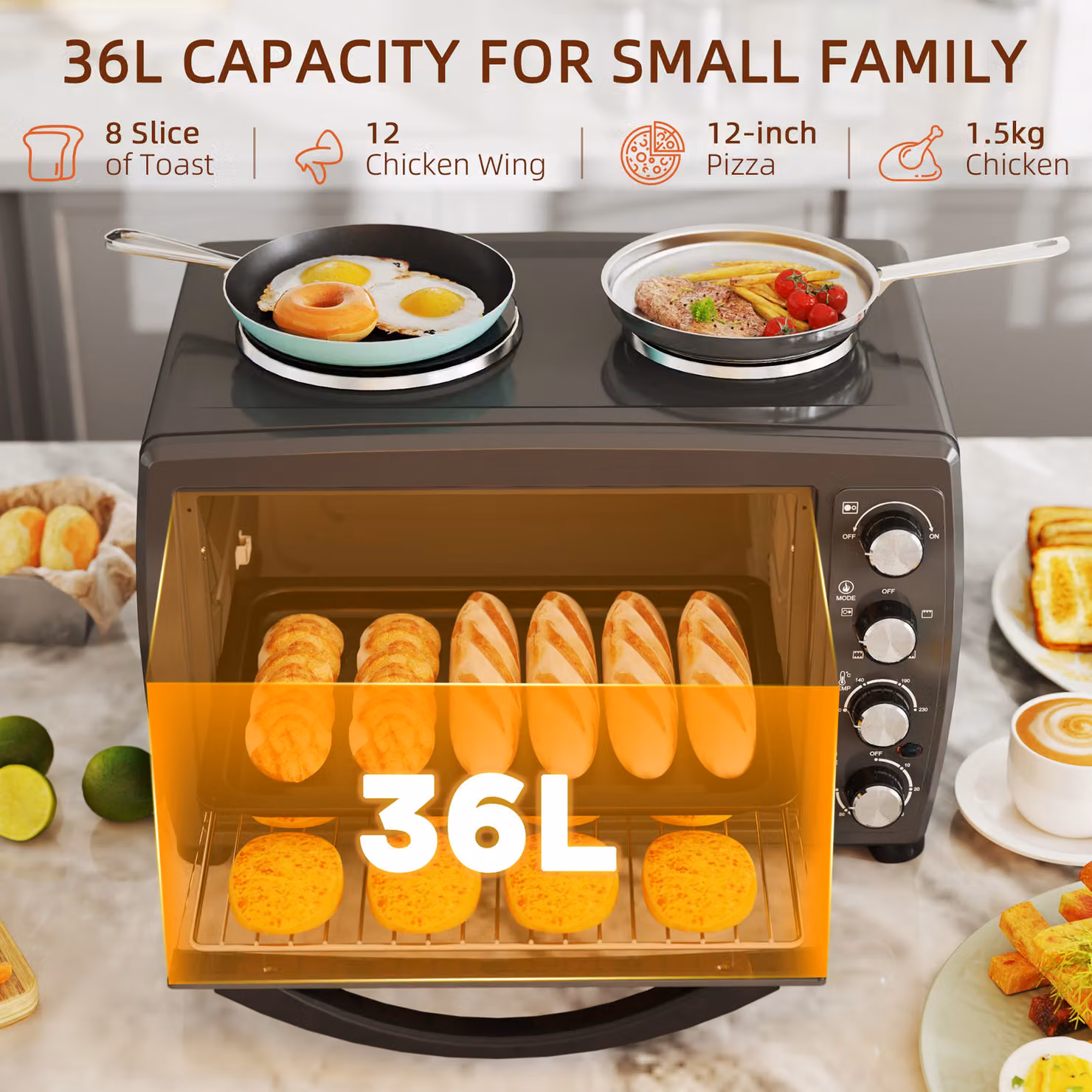 HOMCOM 36L Small Oven with 2 Hot Plates, Black, 2600W, with Grill, Timer and Overheat Protection – 5
