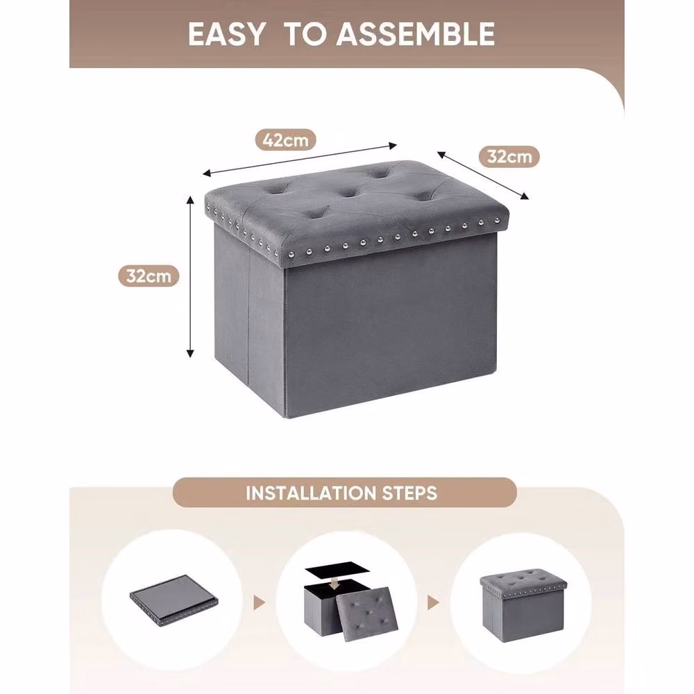 FORGEVIO Grey Velvet Storage Ottoman Footstool, W/D/H: 32 x 42 x 32 cm – 2