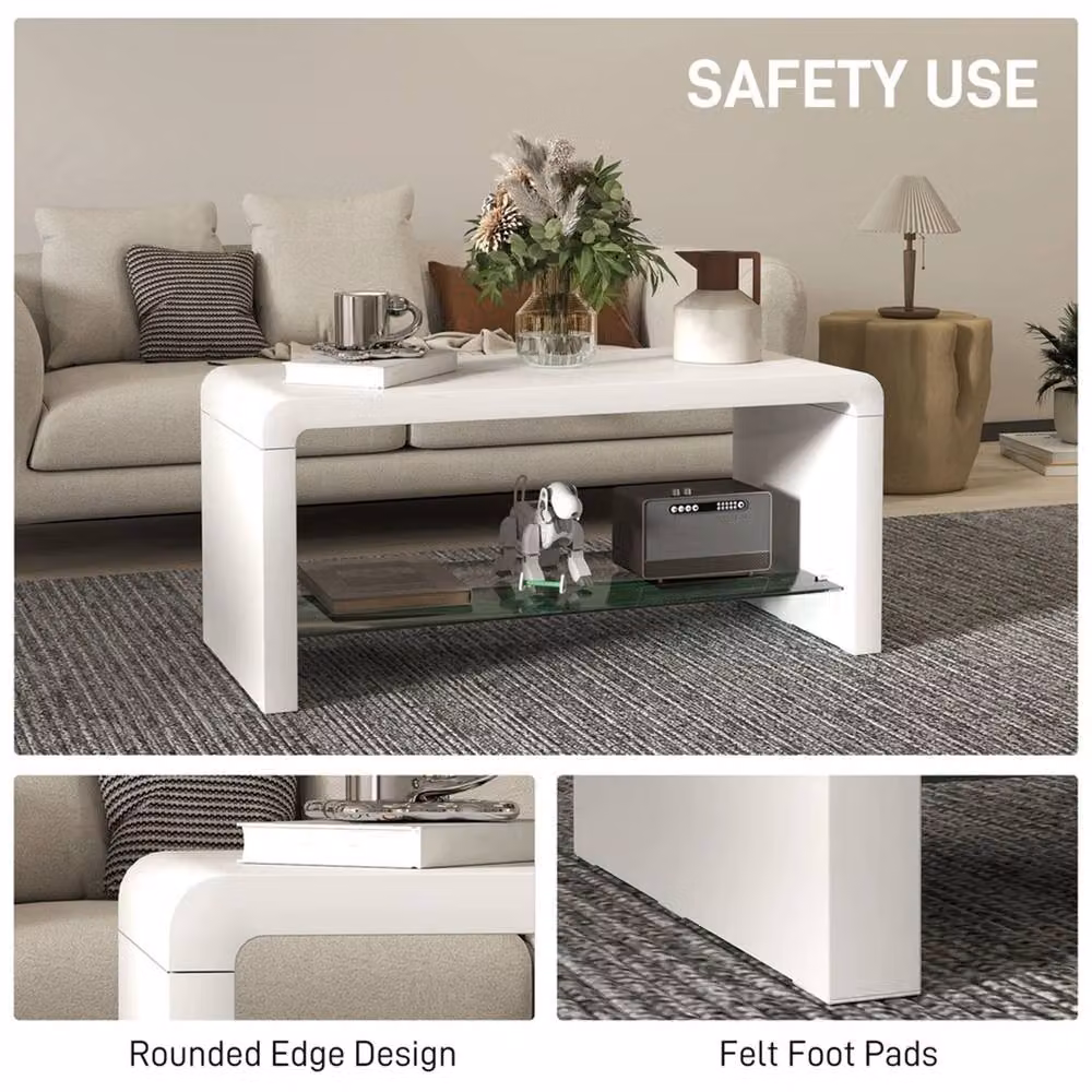 EONLION Modern High Gloss White Square Coffee Table with Glass Shelf, W x D: 100 x 100 cm – 4