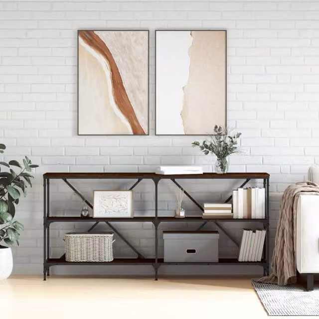 Berkfield Home Brown Oak Console Table with Iron Frame, W/D/H: 160 x 30 x 75 cm – 1