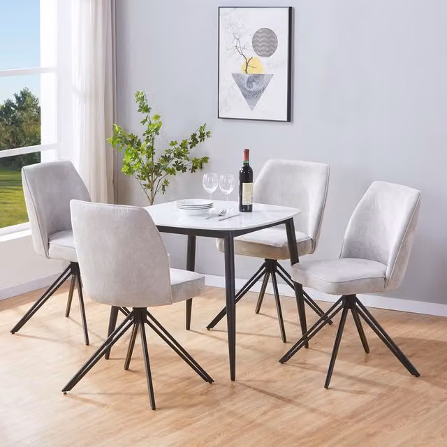 Aspen Gloss White Sintered Stone Square Dining Table and 4 Light Grey Swivel Chairs