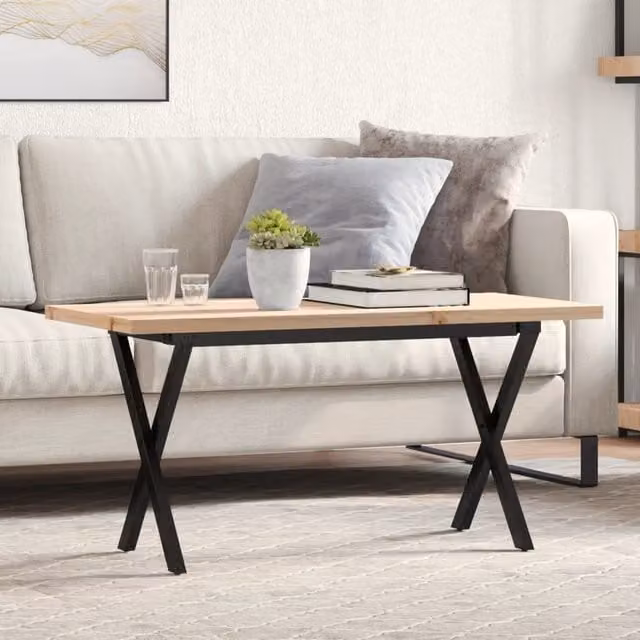 Berkfield Home X-Frame Coffee Table in Brown Solid Pine and Steel, W: 90 cm, D: 40 cm, H: 45.5 cm