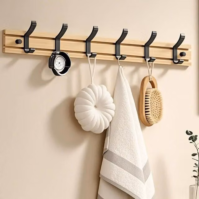 NESTLUNE 6 Hook Rotating Bamboo Wall Mounted Clothes Coat Hanger in Brown – 1