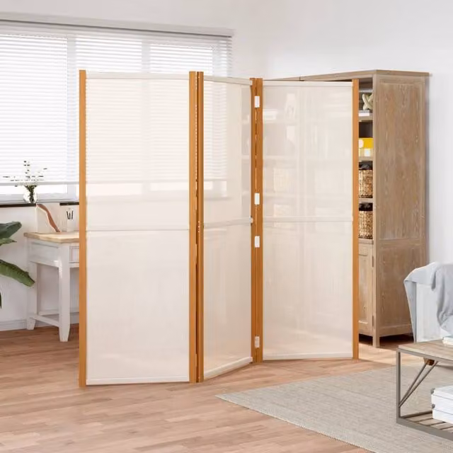 Berkfield Home 3-Panel Acacia Wood and Textilene Room Divider in Beige and White, H 210 cm x W 180 cm