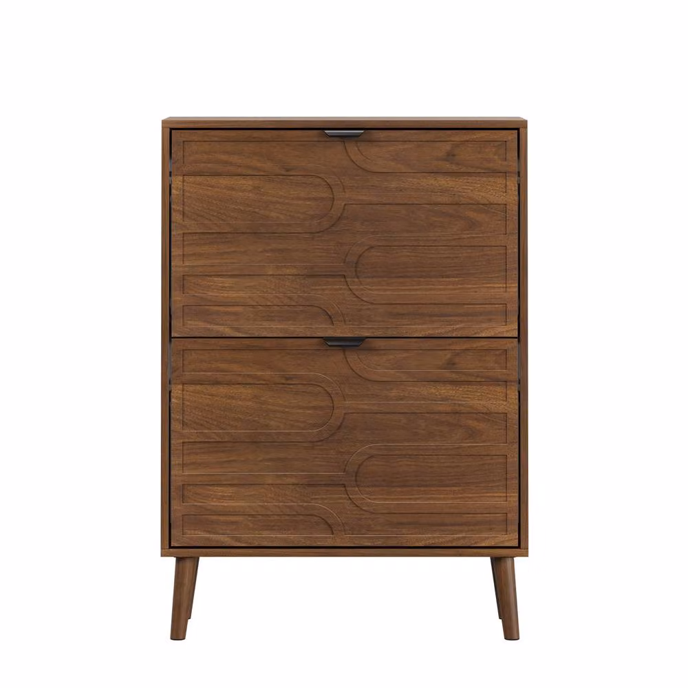 Matteo Walnut Shoe Storage Cabinet in Brown with Tilting Compartments and Open Shelf – 3