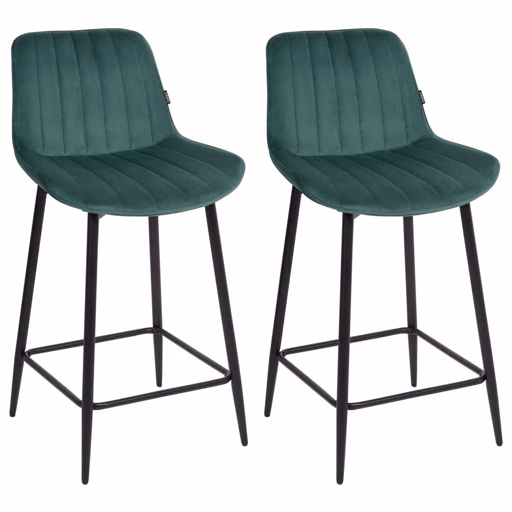 Wyld and Coco Set of 2 Emerald Green Velvet Armless Bar Stools with Matte Black Steel Legs – 2