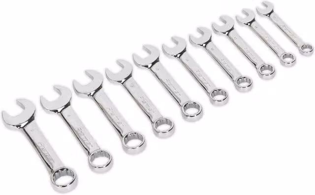 Loops 10-Piece Stubby Combination Spanner Set, 10mm to 19mm, 12-Point Short Handled Ring Spanners in Silver Chrome Vanadium