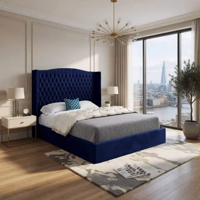 KDMD Stockport Winged Upholstered Blue Soft Velvet Designer Bed Frame W: 144 cm, D: 137 cm, H: 140 cm