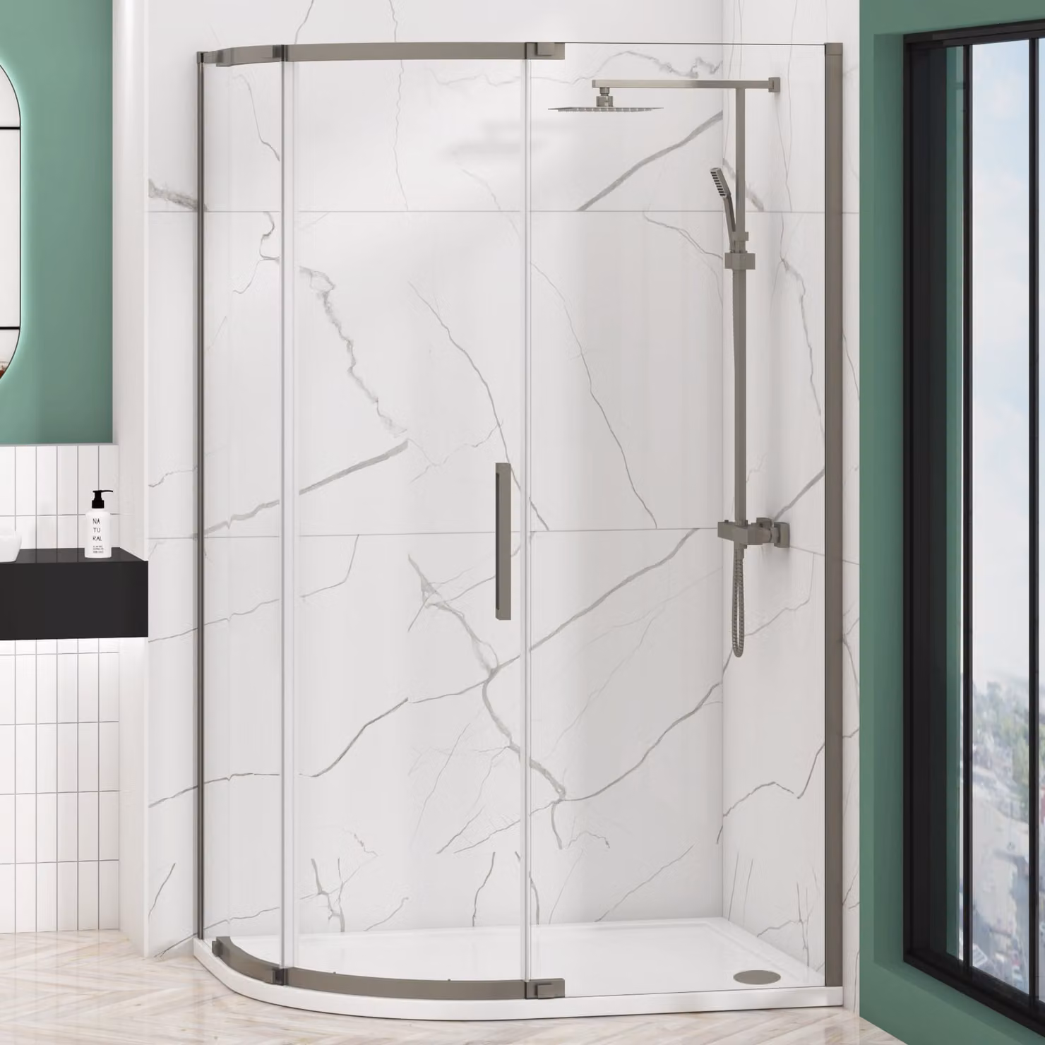Royal Bathrooms Chelsea Single Door Offset Quadrant Shower Enclosure with LH Stone Tray, Gun Metal Grey, W: 120 cm, D: 90 cm, H: 195 cm