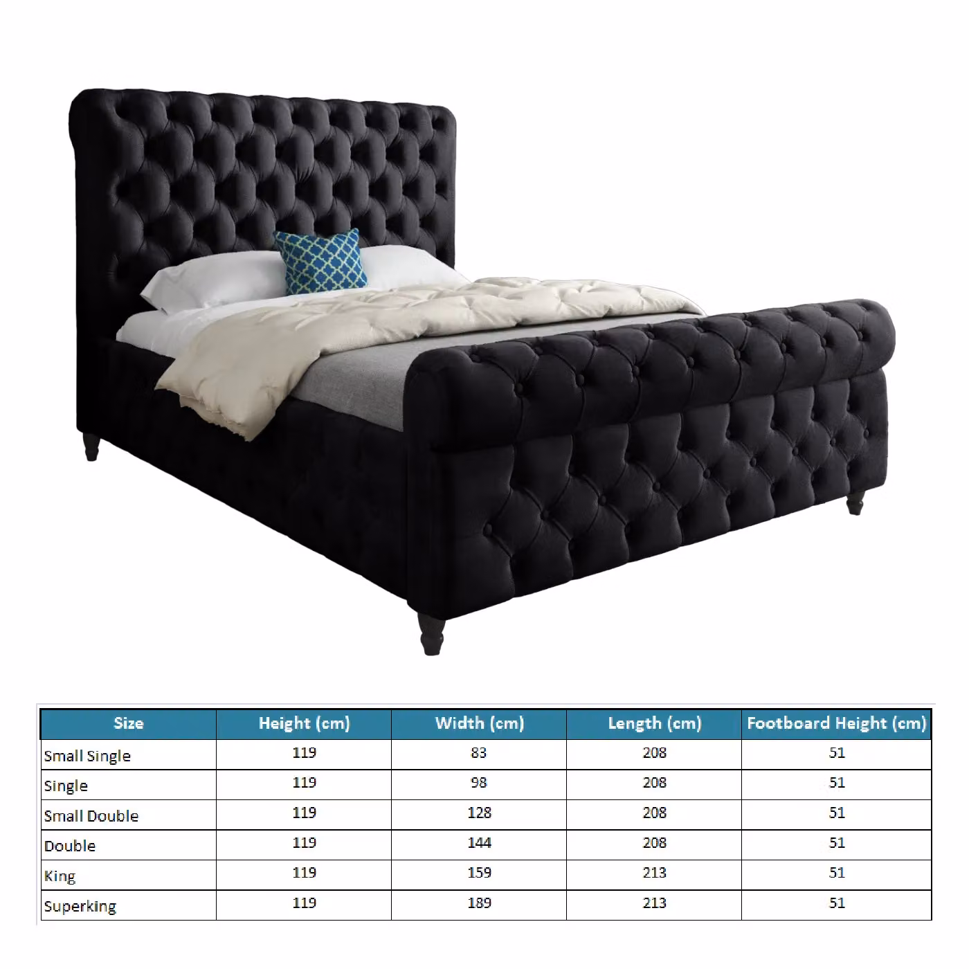 Casani Savana Sleigh Upholstered Soft Velvet Bed Frame in Black, Size: Single (90 x 200 cm) – 4