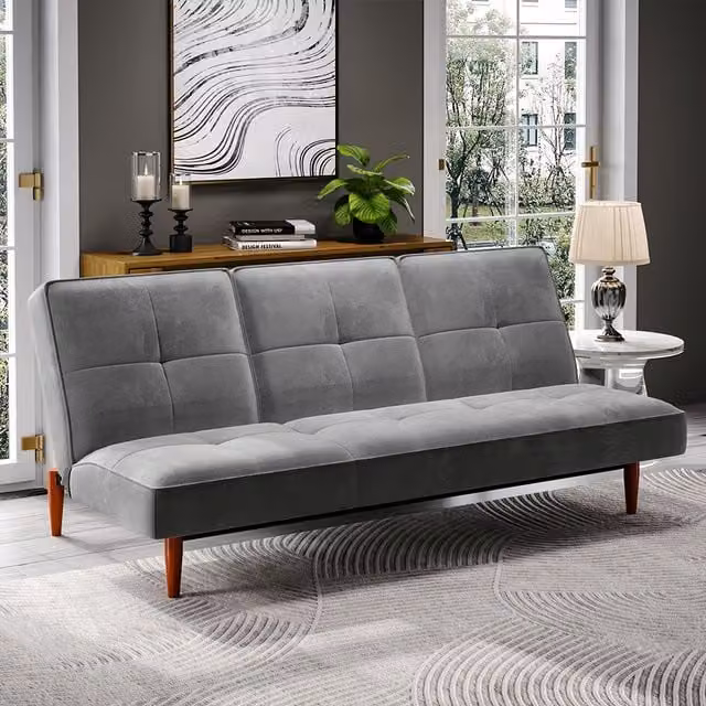 Livingandhome 3-Seater Mid-Century Faux Velvet Click-Clack Sofa Bed in Grey