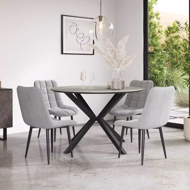 More4Homes Calne Round Ceramic Dining Table in Light Grey with 6 Nova Velvet Chairs – 1