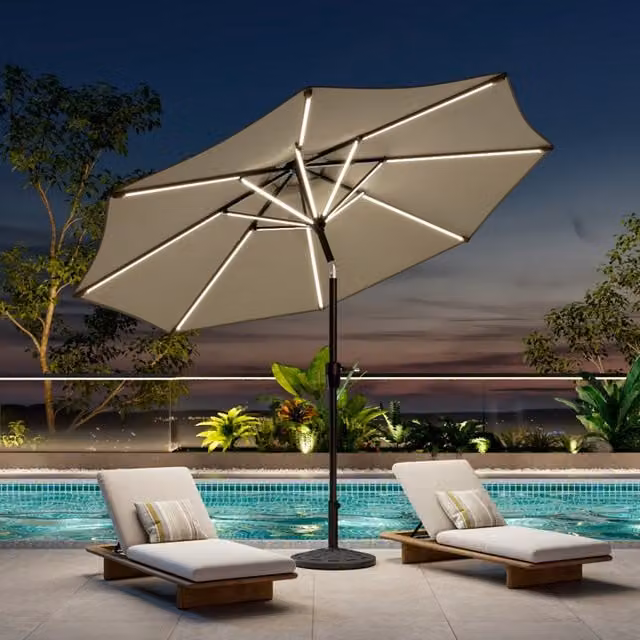 Breeins Outdoor Parasol with LED Strips and Floral Pattern Resin Base in Beige and Yellow