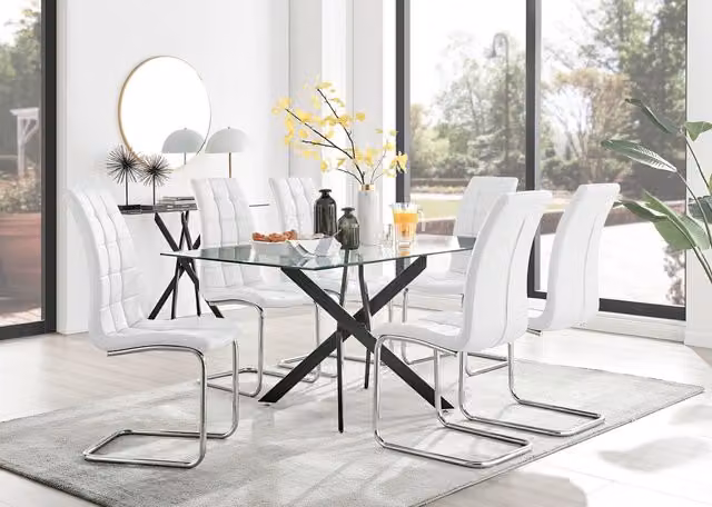 FurnitureboxUK Leonardo Glass Dining Table with 6 White Murano Chairs and Black Legs