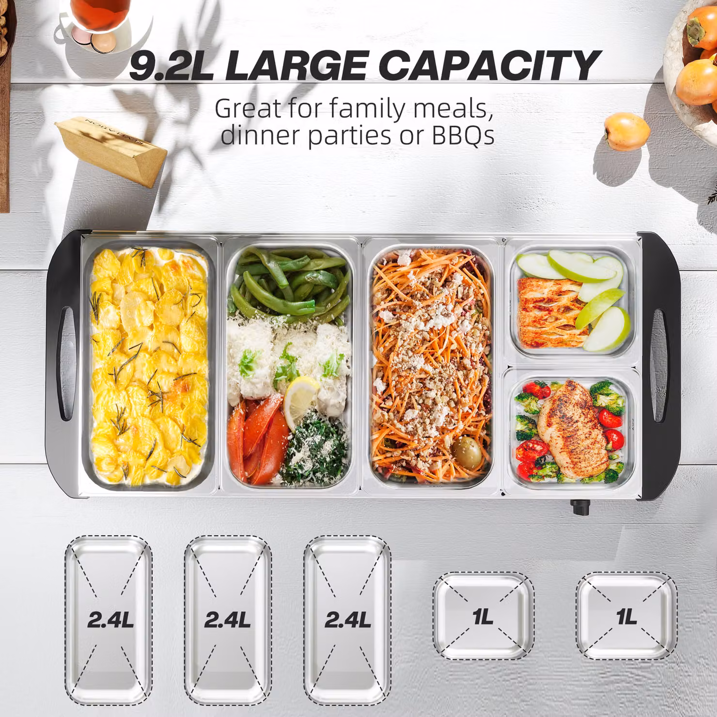 HOMCOM Electric Food Warmer with 5 Trays, 9.2L Portable Buffet Server and Warming Tray in Silver Tone – 3
