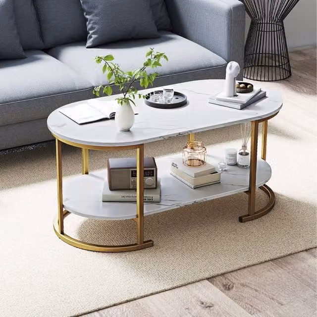 Costway Modern Oval Coffee Table with Marble Top and Storage in White