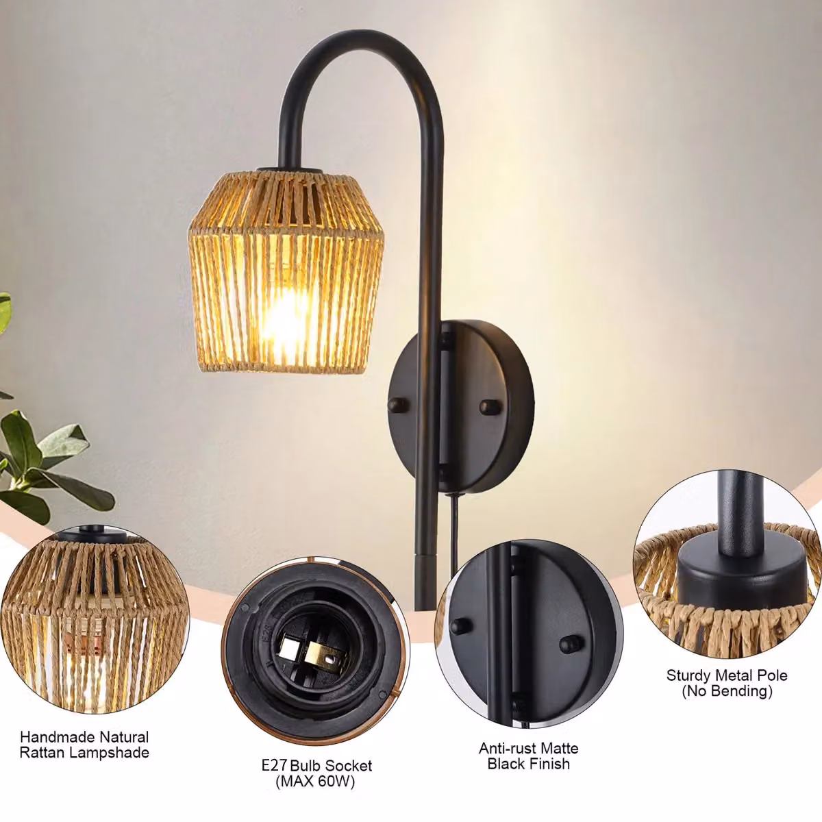 Garwarm Black Armed Plug-in Wall Sconce with Height Adjustable Metal Design – 8